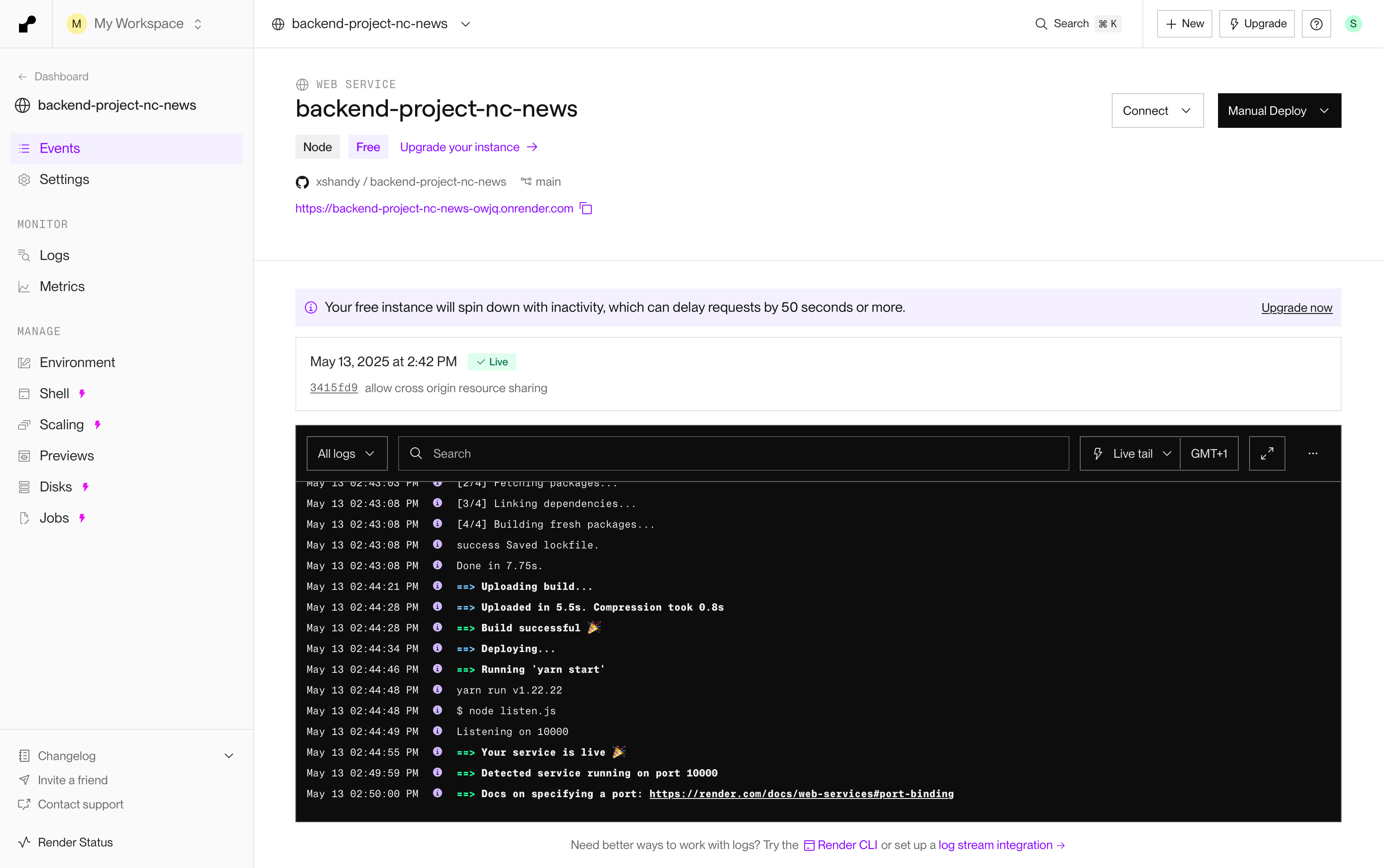 screenshot of API hosted on render
