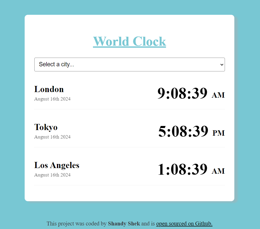 screenshot of worldclock app